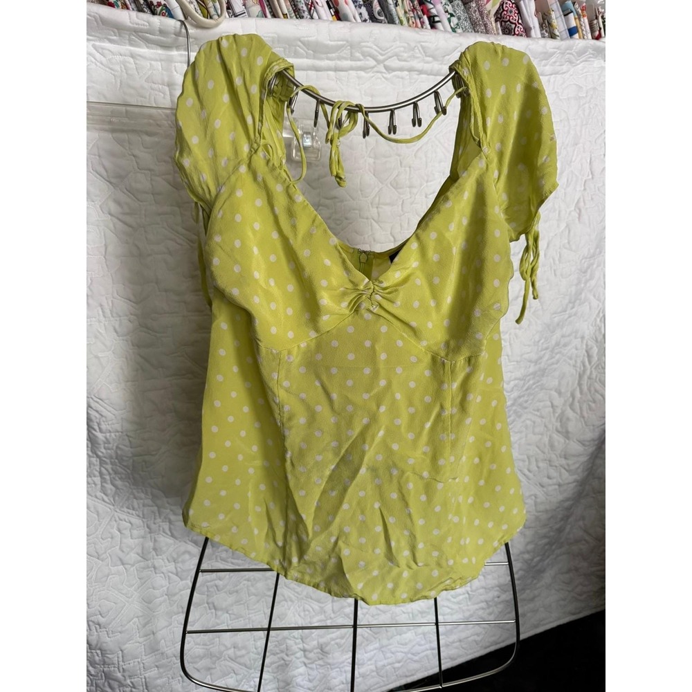 Suzanne Somers Lime Green Polka Dot 100% Silk Puff Sleeve Blouse Top Size 6